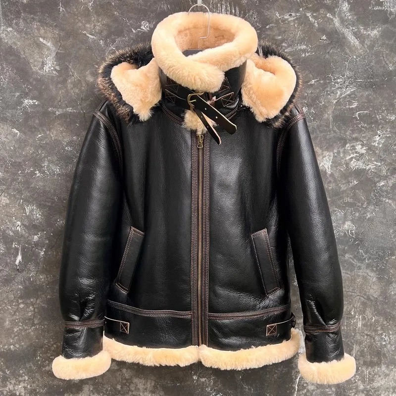 CC Shop Mens High quality 100% real fur jacketClassic B3 winter warm thick leather coatnarural sheepskin with woolThick 241025