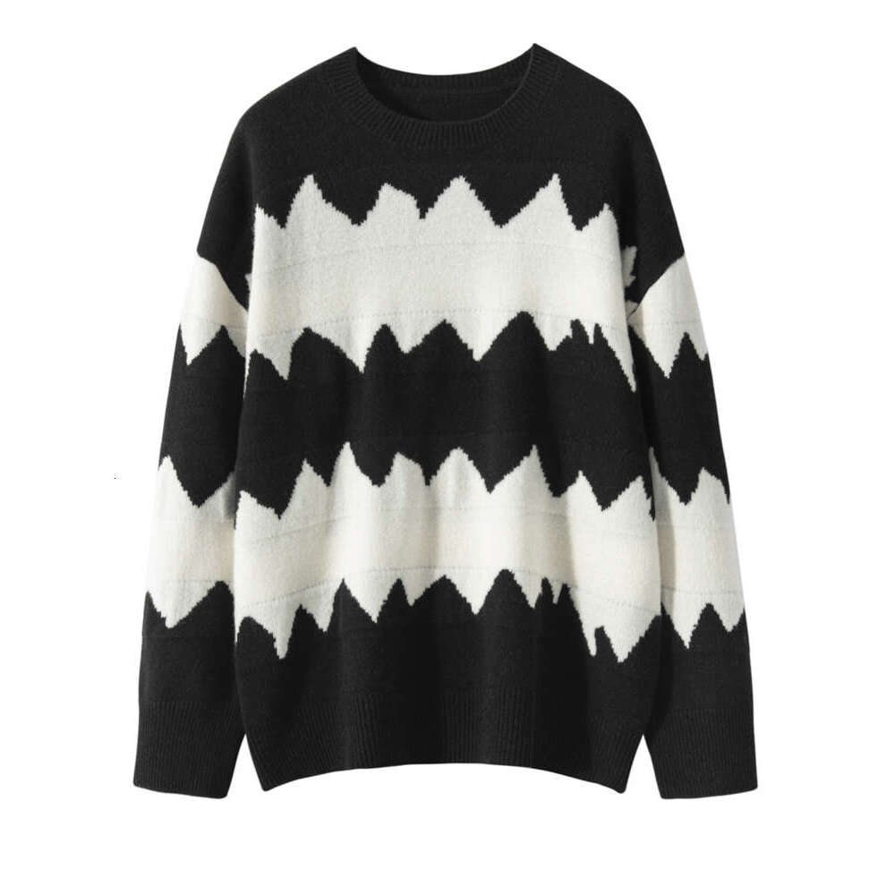 New 100% Knitwear Women's O-Neck Sweater Zigzag Striped Pullover Casual Loose Style Autumn Winter Thick Cashmere Tops