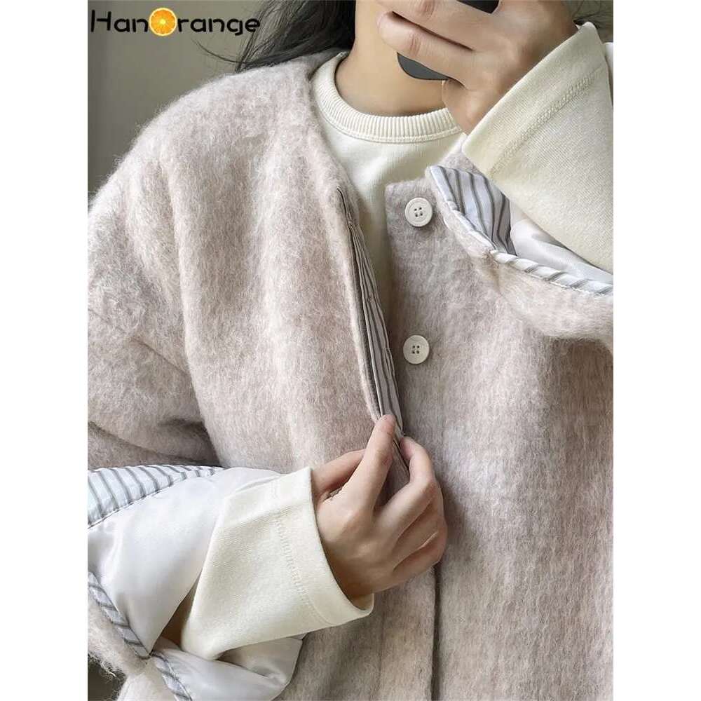 Hanorange 2024 Winter Casual Lazy Long Wool Coat Women Pullover Warm Silhouette Solid Color Outwear Female Grey/Pink