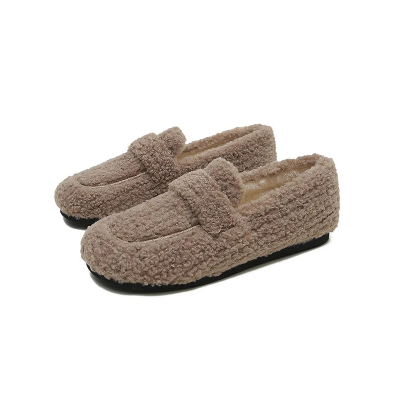 Plus size 34-43 womens wool shoes winter warm cotton Loafers womens Lambswool Moccasins sliding on round toe womens sheepskin apartment 241024