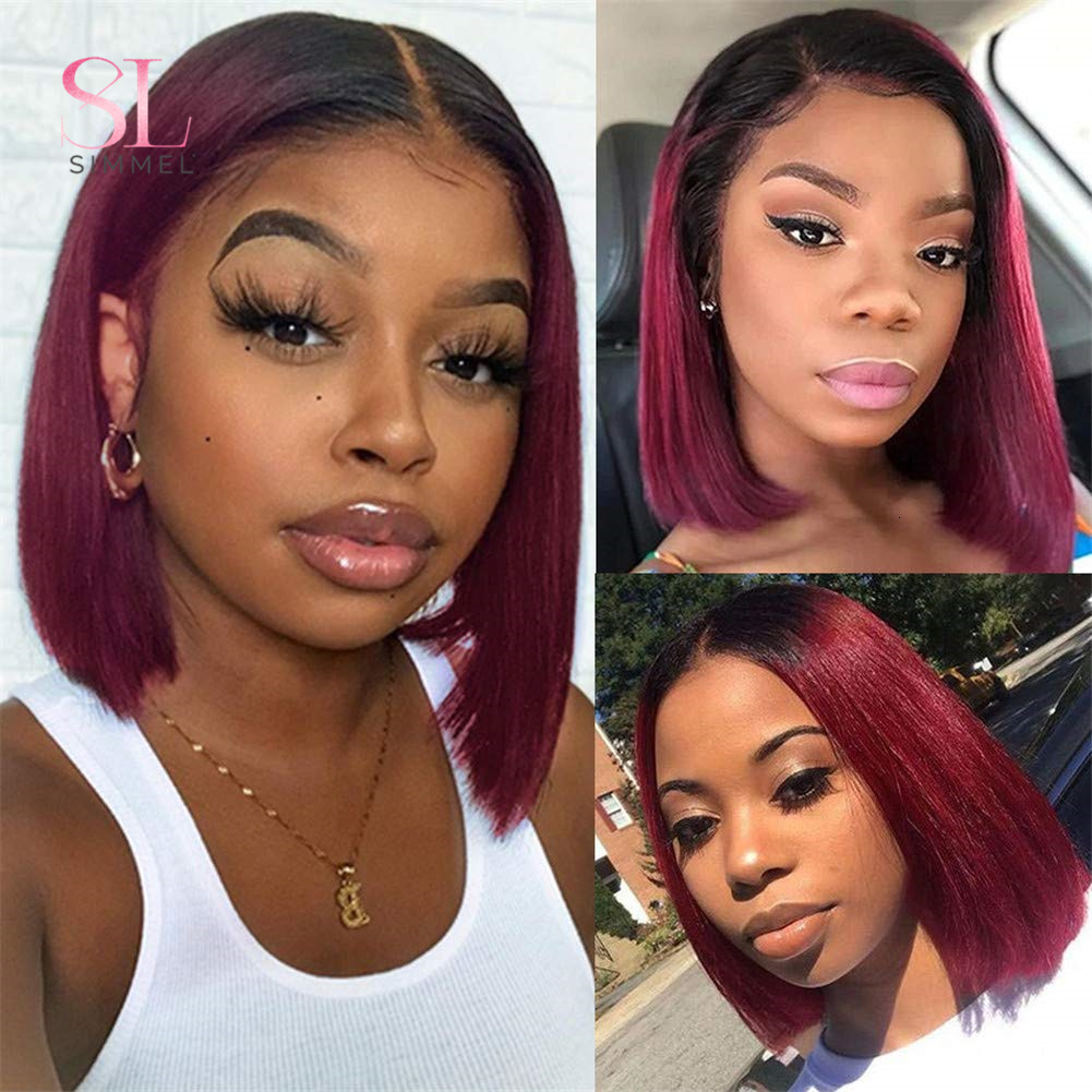 T1B/99j Bury Red Straight T Part Lace Front Human For Women Colored Brazilian Remy Hair Natural Bob Wig