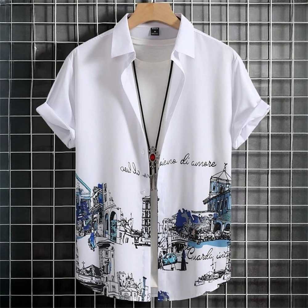Simple mens shirt 3D splicing work printing high-quality mens clothing shorts Slve beach party Haian shirt W241026
