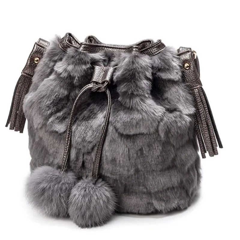 Womens winter fashion shoulder bag small fur faux fur bucket handle bag wallet cross body bag 241025