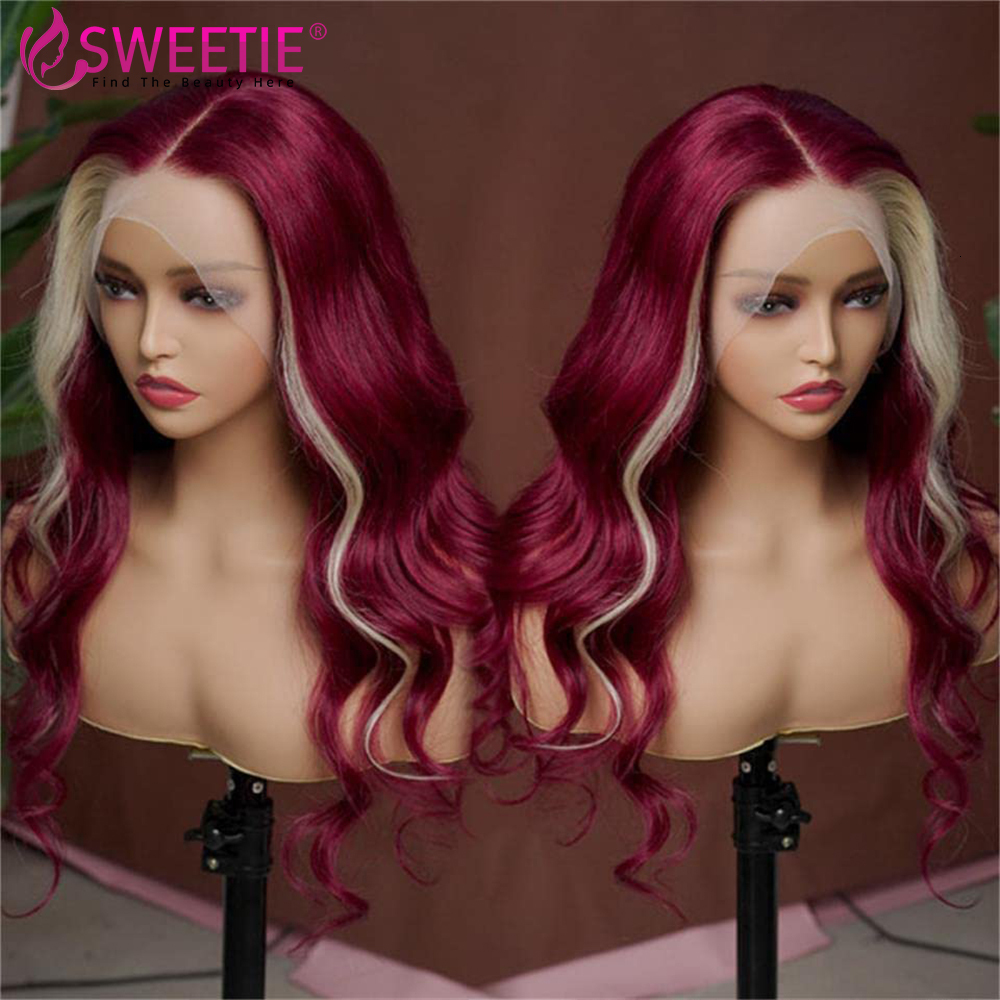 Bury 99j Red With 613 Blonde Stripe Front Wig Pre Plucked 180% 13x6 Human Hair 13x4 Lace Frontal Wigs