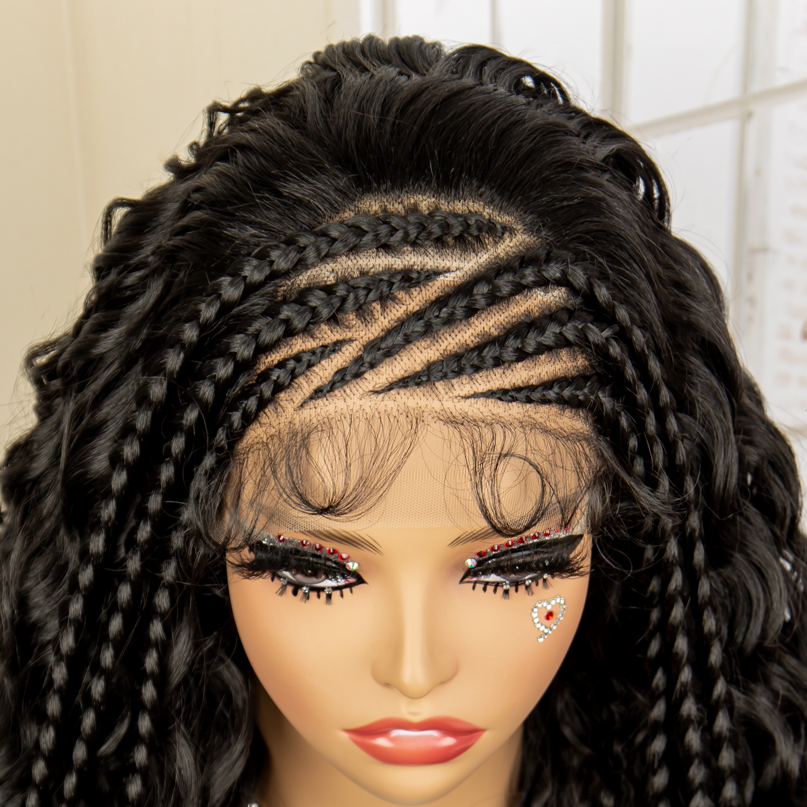 26 Inches Synthetic Lace Frontal Cornrow Braided Wigs with Baby Hair Curly Wave Wavy Braids Wig for African Black Women