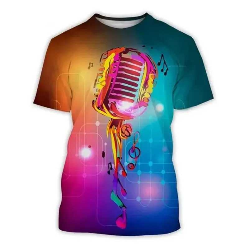 New Summer Microphone Pattern 3D Printed T-shirt Personalized Fashion Mens Round Neck Top Hip Hop Short Sleeve Clothing W241026