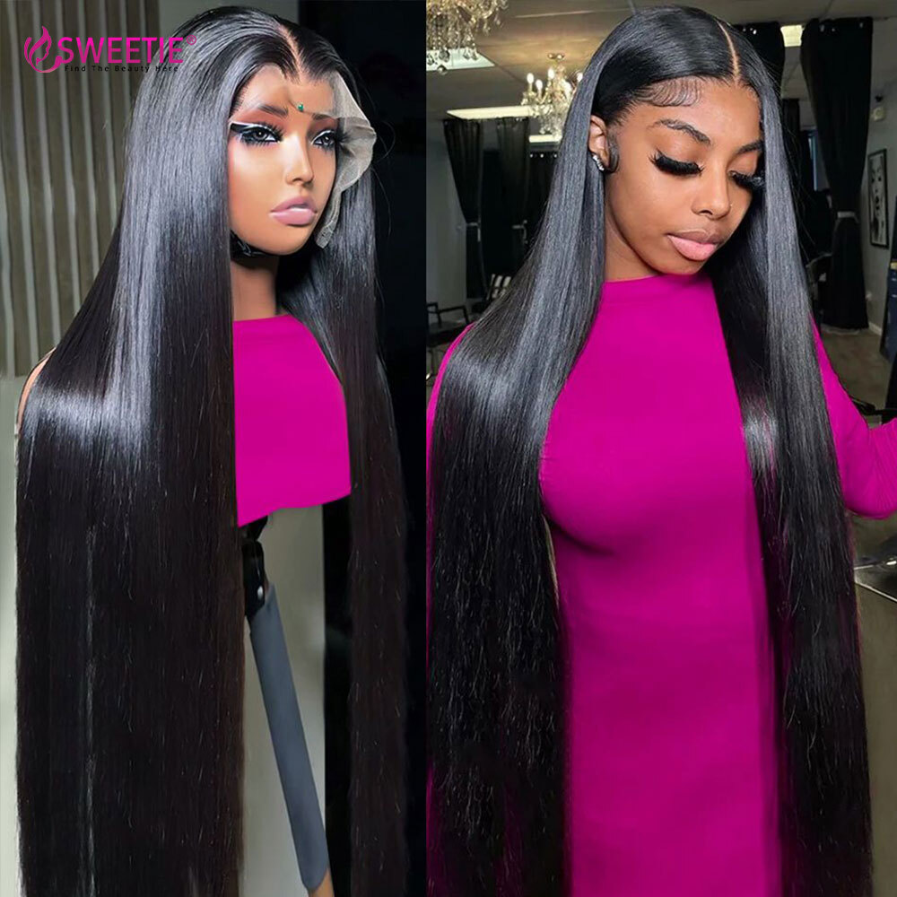 Peruvian 13x6 HD Lace Frontal Wig PrePlucked With Baby 180%Density Natural Black 34inch Straight Human Hair Wigs