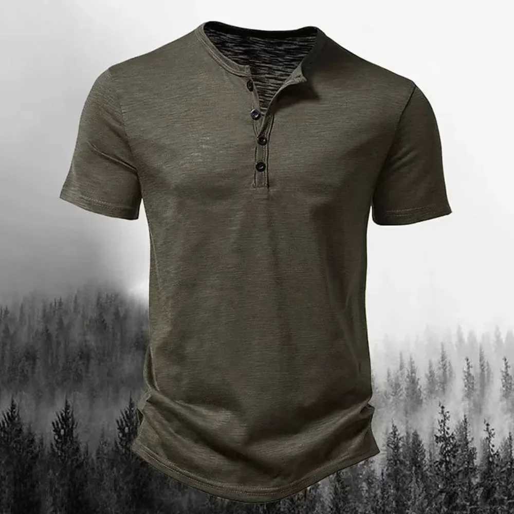 Henley Collar Mens Casual Solid Color Short Sleeve Slip Mens Shirt Slub Cotton High Neck Mens T-shirt Strtwear New Style W241026