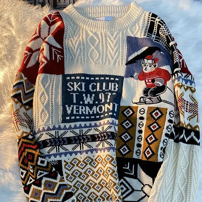 Round neck sweater Christmas Y2K retro bear ladies and men loose autumn winter fashion woolen clothes trend ins 241025