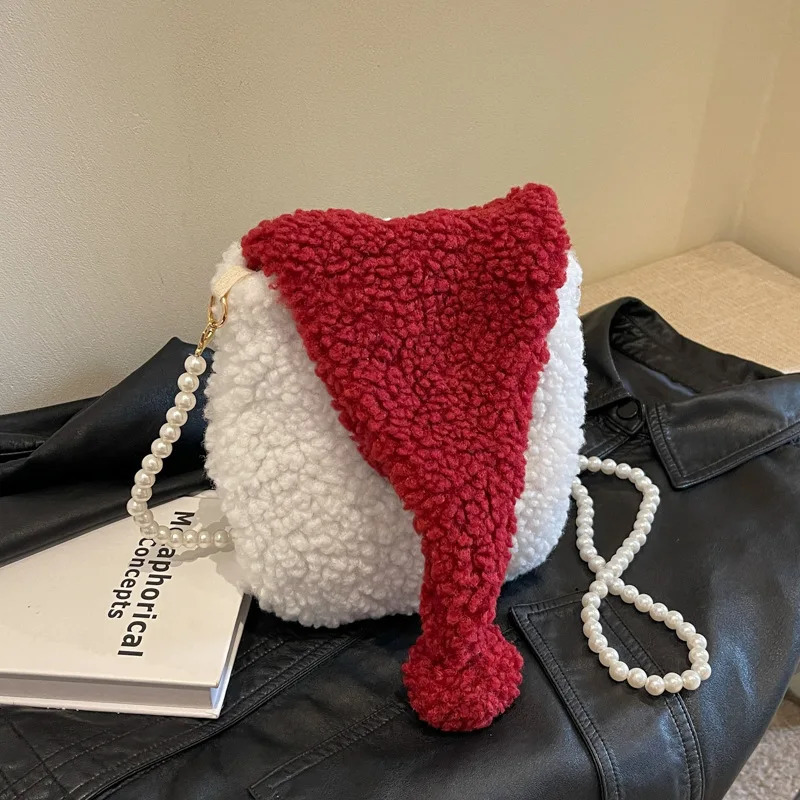 Shoulder bag plush cute bead chain cross body bucket bag street fashion cute phone bag coin wallet card key bag 241025