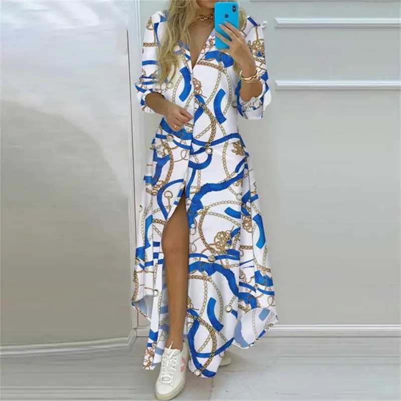 2022 new womens striped printed long sleeved dress fashionable bohemian beach button up maxi dress spring and summer womens letter oversized robe W241