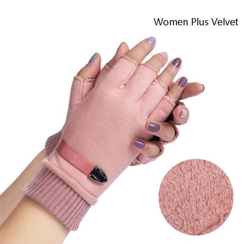 Womens winter warm velvet thick and thin outdoor sports climbing bike suitable for half finger tactical Gs suede leather W241026
