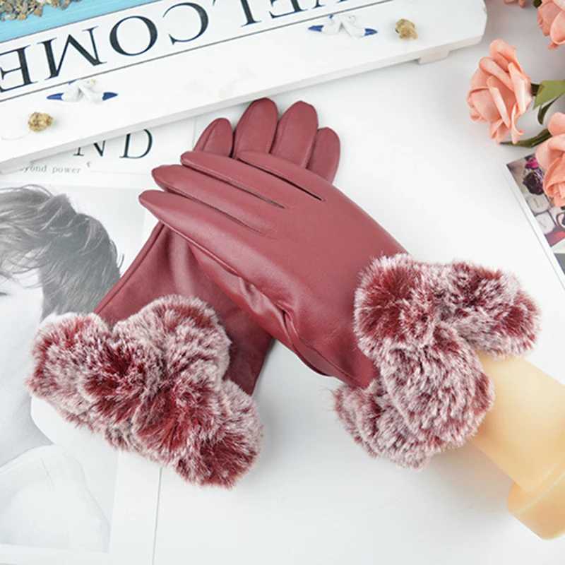 Womens large V-shell touch screen warm plush leather Gs winter bicycle fashion black PU leather Gs W241026