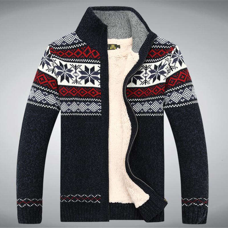 Men Winter Thicken Fleece Cardigan Cotton Knitted Jacquard White Men's Sweater Size S -3Xl Knit Coat