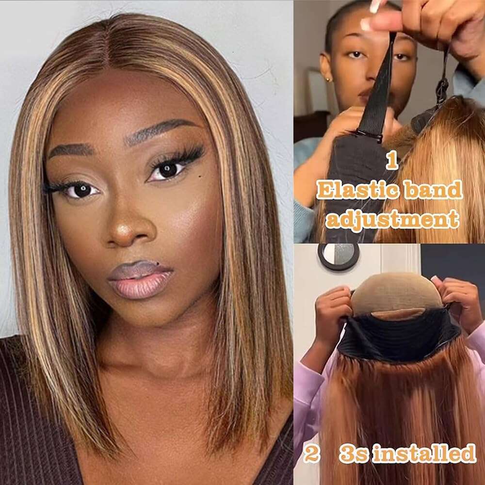 14 Inch Wear And Go Glueless Bob Human Hair Plucked Pre Cut P4/27 Highlight Blonde 6X4 Lace Closure Straight Wigs Short