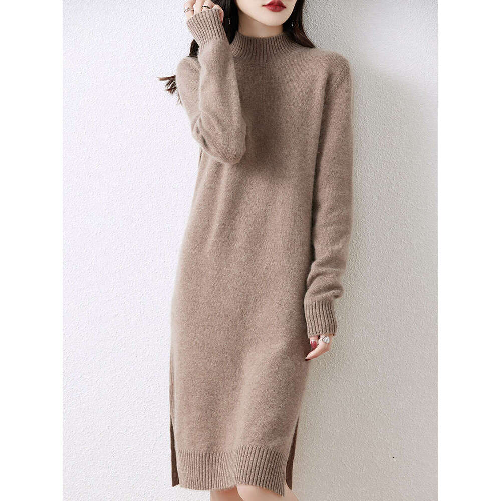 Hot Selg New 100% Merino Wool Knitted Autumn Winter Thick Mock-Neck Pullover Long Sweater Casual Women's Dress
