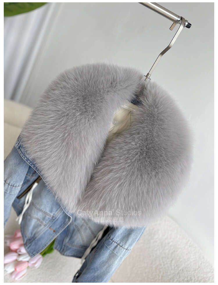 European 2024 Winter New Fox Big Fur Collar Denim Short Casual White Goose Down Warm Jacket Women Parka