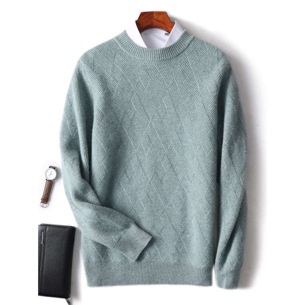 CHICUU Autumn Winter Men's Cashmere Thick O-Neck Pullover 100% Merino Wool Knitwear Cable Knitting Comfy Sweater