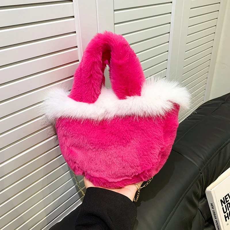 Small bucket bag handbag fluffy plush cross body bag womens soft top handbag womens faux fur handbag 241025