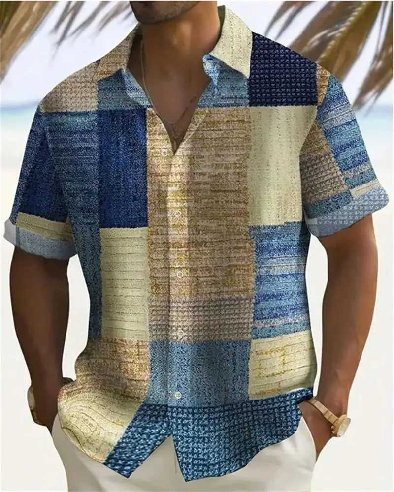 2024 Mens Color Block 3D Printed Button Collar Short Slip Shirt Large Size 5XL High Quality Haian Beach Top W241026