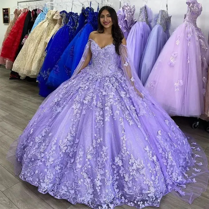 Lilac Lavender Butterfly Quinceanera Dresses With Cape Lace Applique Sweet 16 Dress Mexican Prom Gowns 2024 Vestidos De Novia 6660312