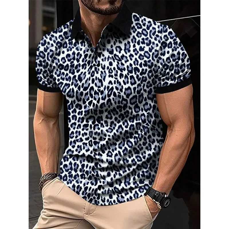 1 new mens fashion T-shirt leopard print short slip breathable lapel mens clothing W241026
