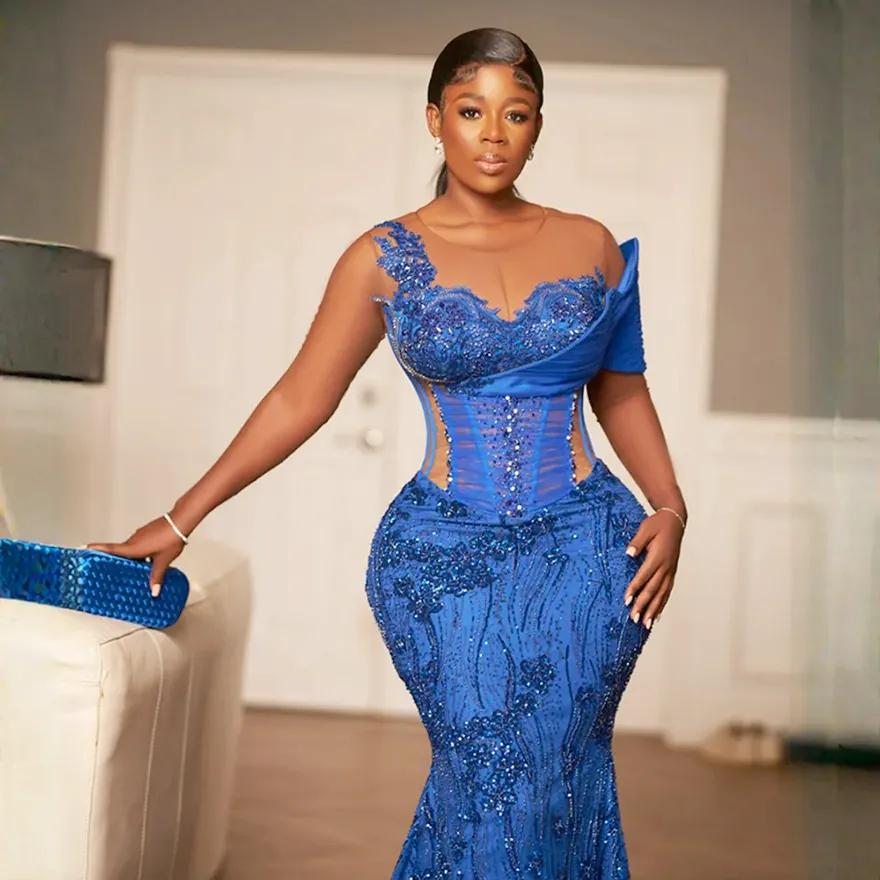 Aso Ebi Lace Beaded Mermaid Evening Dresses Sleeveless Off Shoulder Corset African Formal Occasion Dress Lace-Up Elegant Blue Sequins Glitter Prom Gow