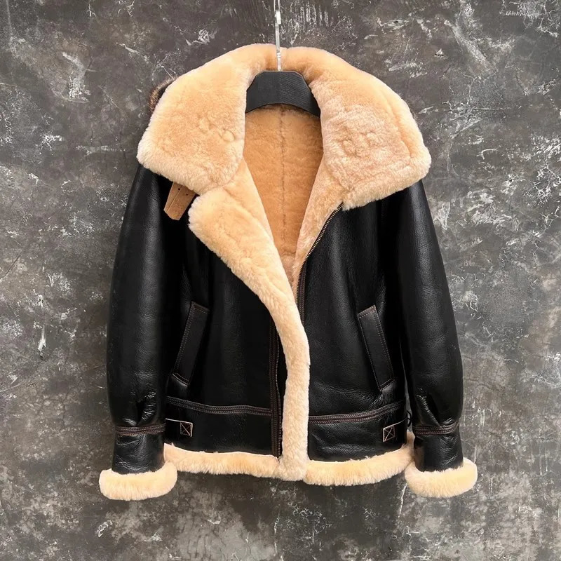 CC Shop Mens High quality 100% real fur jacketClassic B3 winter warm thick leather coatnarural sheepskin with woolThick 241025
