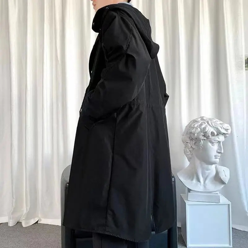 Mens Windbreaker Jacket Long Trench Oversize Loose Streetwear Hooded Vintage Black Coats High Street Casual Male Outerwear 241025