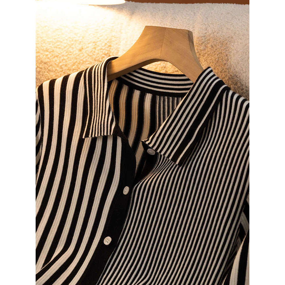 Women Striped Sweater 100% Merino Wool Cardigan Office Lady Cashmere Knitwear Shirt Spring Autumn Winter Female Clothing