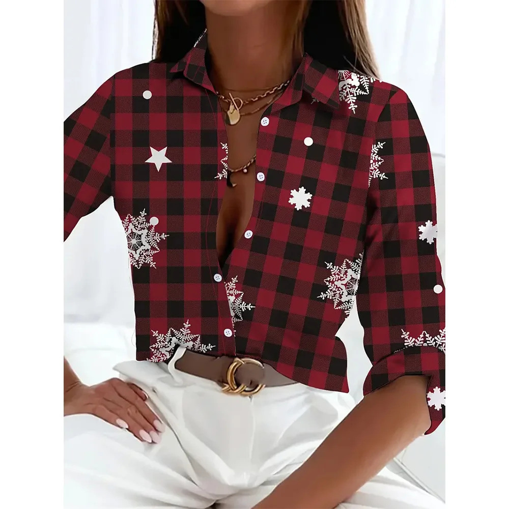 Womens 2024 3d Christmas Printed Long Sleeve Shirts Elegant Lapel Top Winter Spring SingleBreasted Basic Shirt 241025