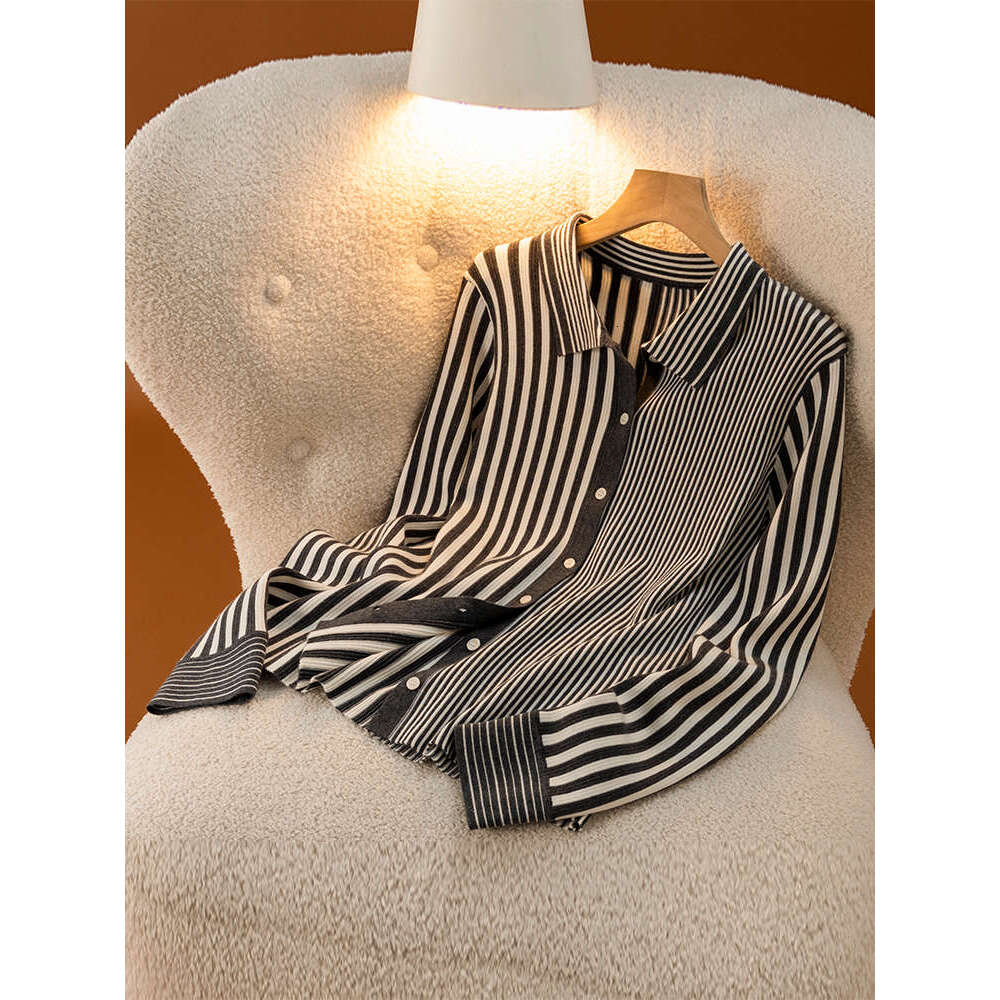 Women Striped Sweater 100% Merino Wool Cardigan Office Lady Cashmere Knitwear Shirt Spring Autumn Winter Female Clothing