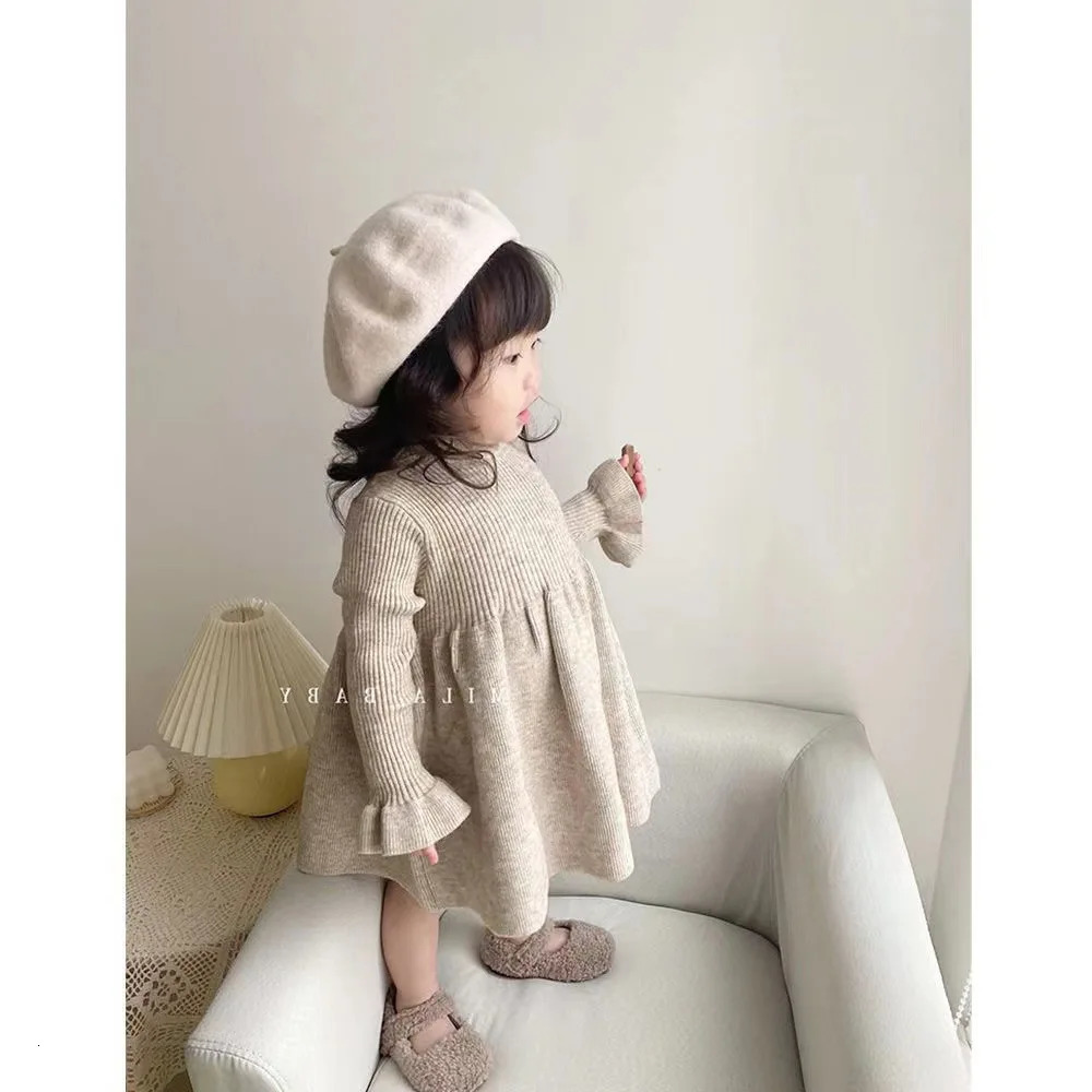 Girls Casual Dresses Children Clothing Woolen Yarn Skirt Winter Knitting Long Sleeved Korean Baby Underlay 241025