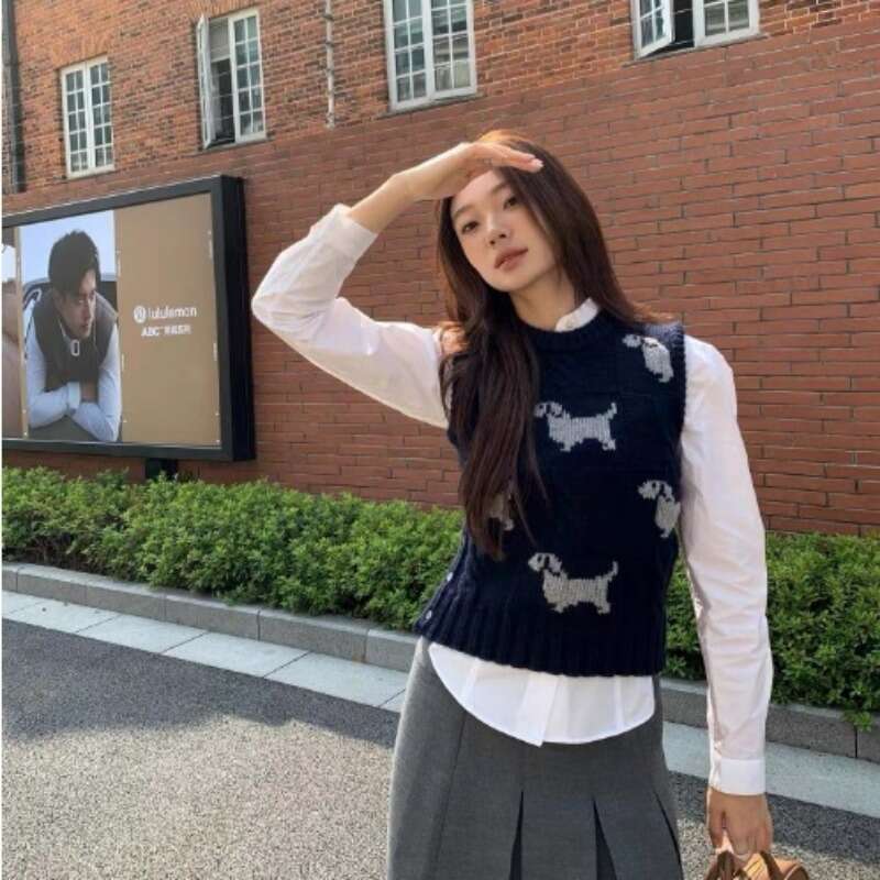 2024 Autumn/Winter New Dog Inlaid Wool Vest Women's Jacquard Top Round Neck Pullover Knitted Sweater