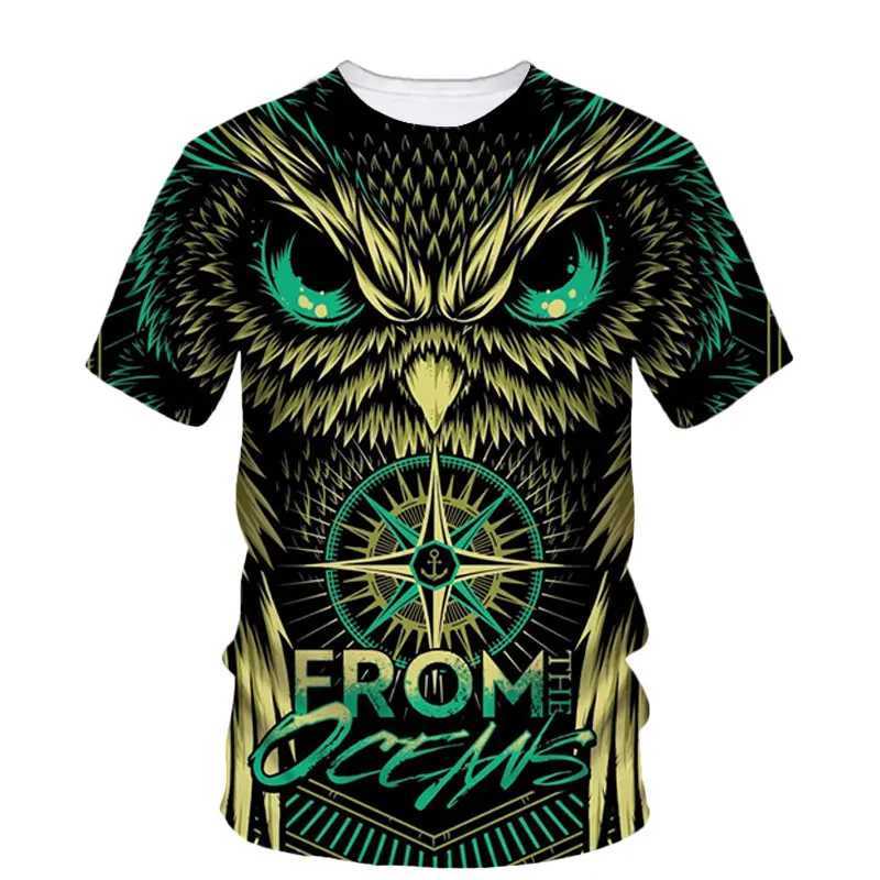 Owl pattern 3D printing summer mens T-shirt animal bird personality fashion tough guy Strt casual O-neck loose short Slv W241026
