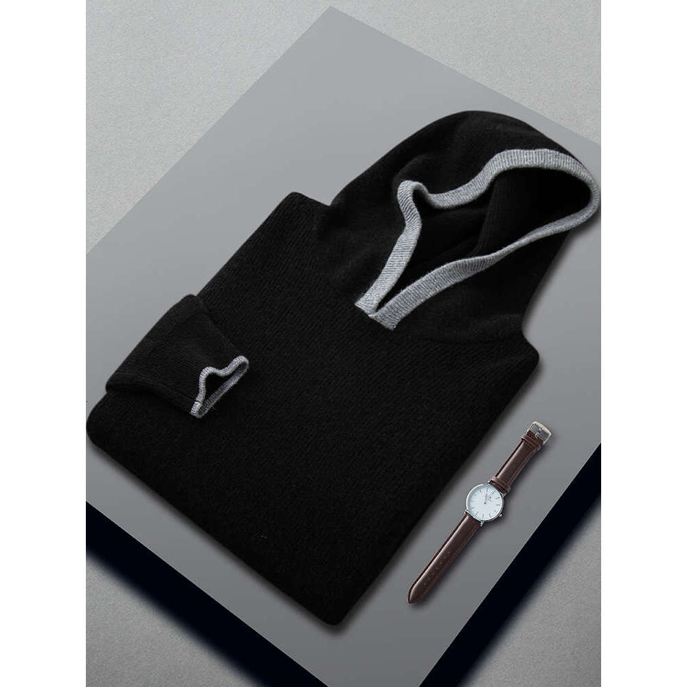 High-End Men's Hooded Sweater Autumn Winter Loose Long Sleeve Casual Pullover 100% Cashmere Knitwear Korean Hoodie Tops