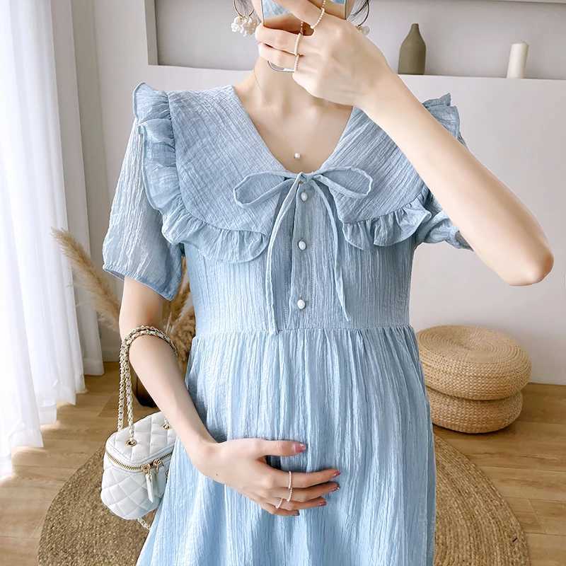 Cute pleated O-neck pregnant A-line dress 2024 summer Korean fashion elegant pregnant womens clothing W241026