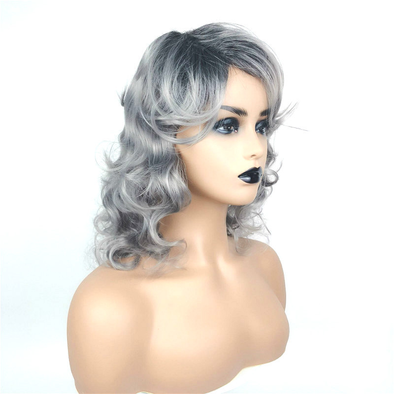 Wig for women with side-parted long curly hair cosplay gray dyed full headpiece wigs human hair