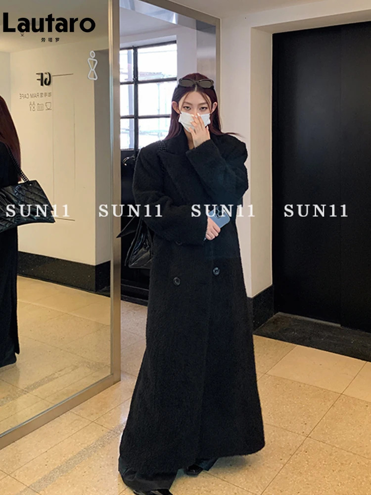 Lautaro Autumn Winter Long Black Thickened Warm Wool Blends Coat for Women Double Breasted Fashion in Outerwears 241025