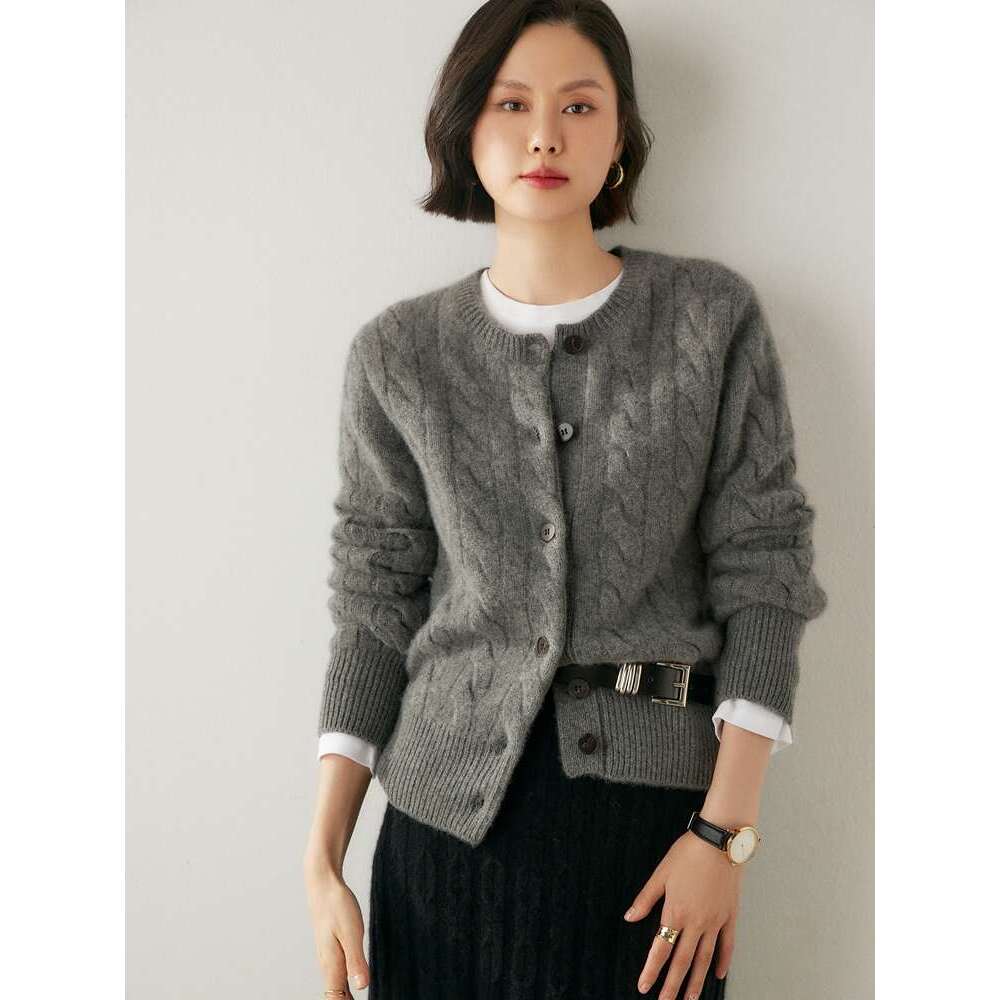 Women's 100% Sweater O-Neck Cable Knit Cardigan Autumn Winter Preppy Style Cashmere Knitwear Thickened Soft Female Tops