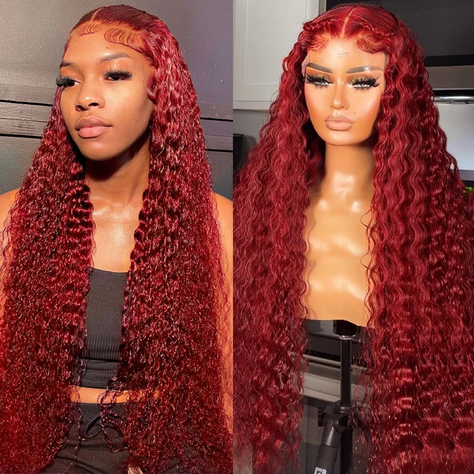 13x4 HD 99J Bury Deep Wave Front 220 Density Curly 30 34 Inches 13x6 Lace Frontal Human Hair Wig Red Wine For Women