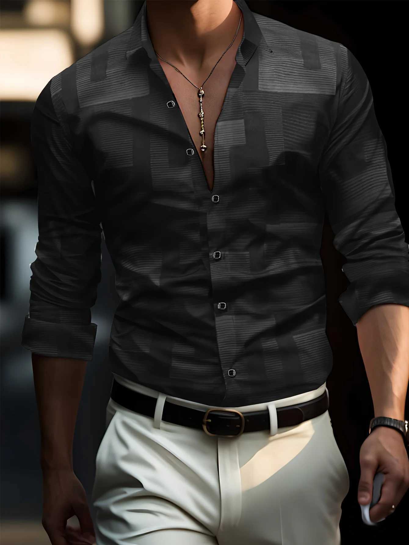 Mens shirt 3D printed modern geometric long sleeved slip shirt casual lapel full sleeve mens oversized shirt W241026