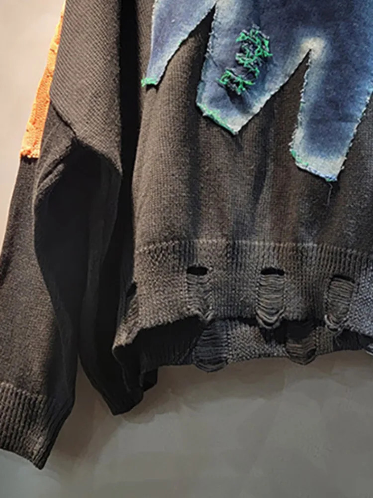 DEAT Womens Pullover Patch Work Denim Star Rhinestone Piercing O-Neck Loose Long Sleeve Sweater Autumn Fashion 241024