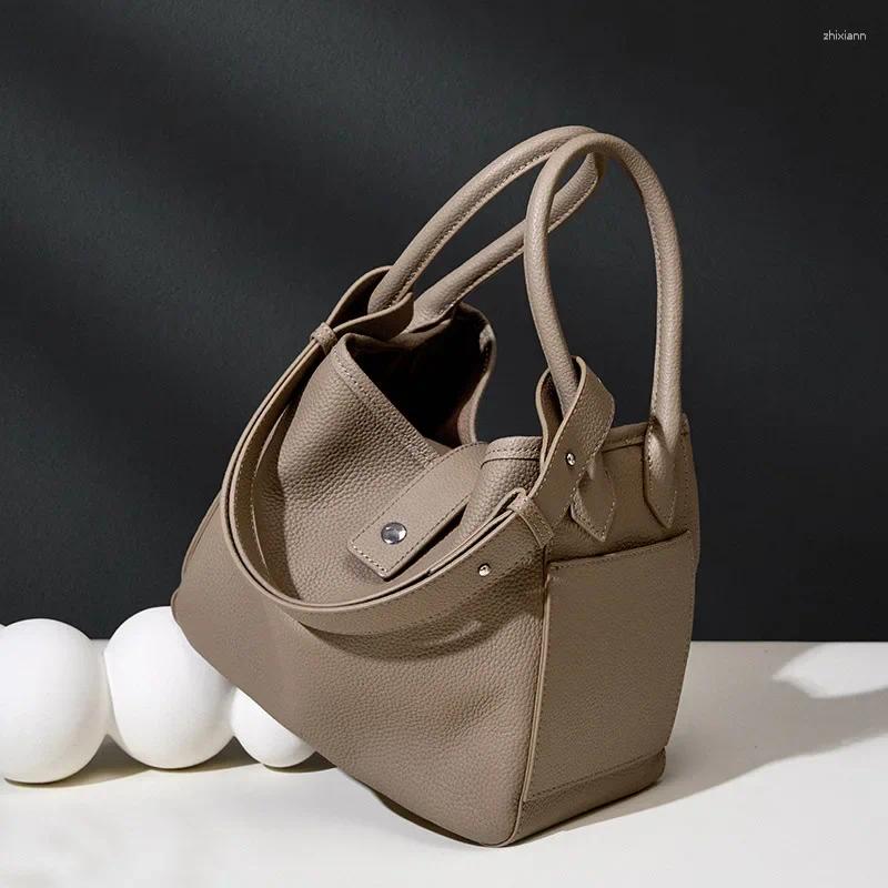 Drawstring Leather Handbag First Layer Cowhide Fashion Design Basket Shoulder Bag Temperament Soft Bucket