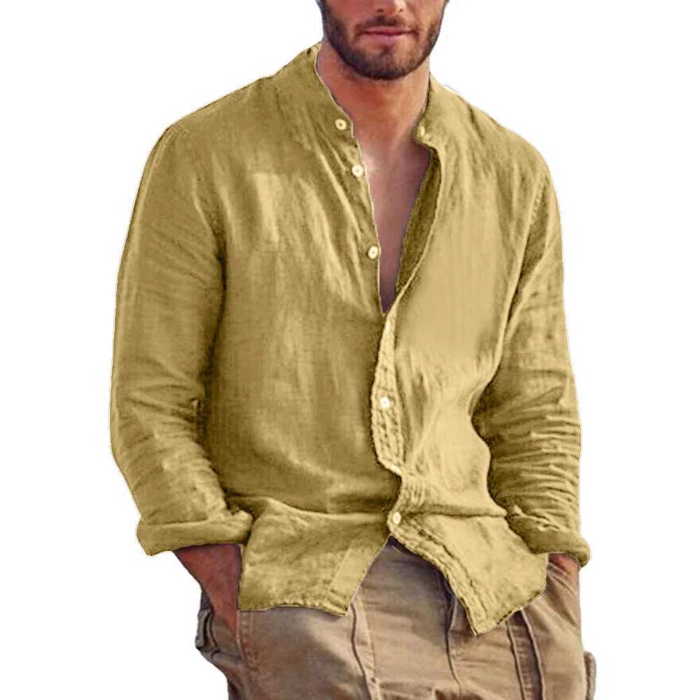 Mens solid color long slip shirt linen cotton shirt trend plus size stand up collar casual lightweight beach top W241026