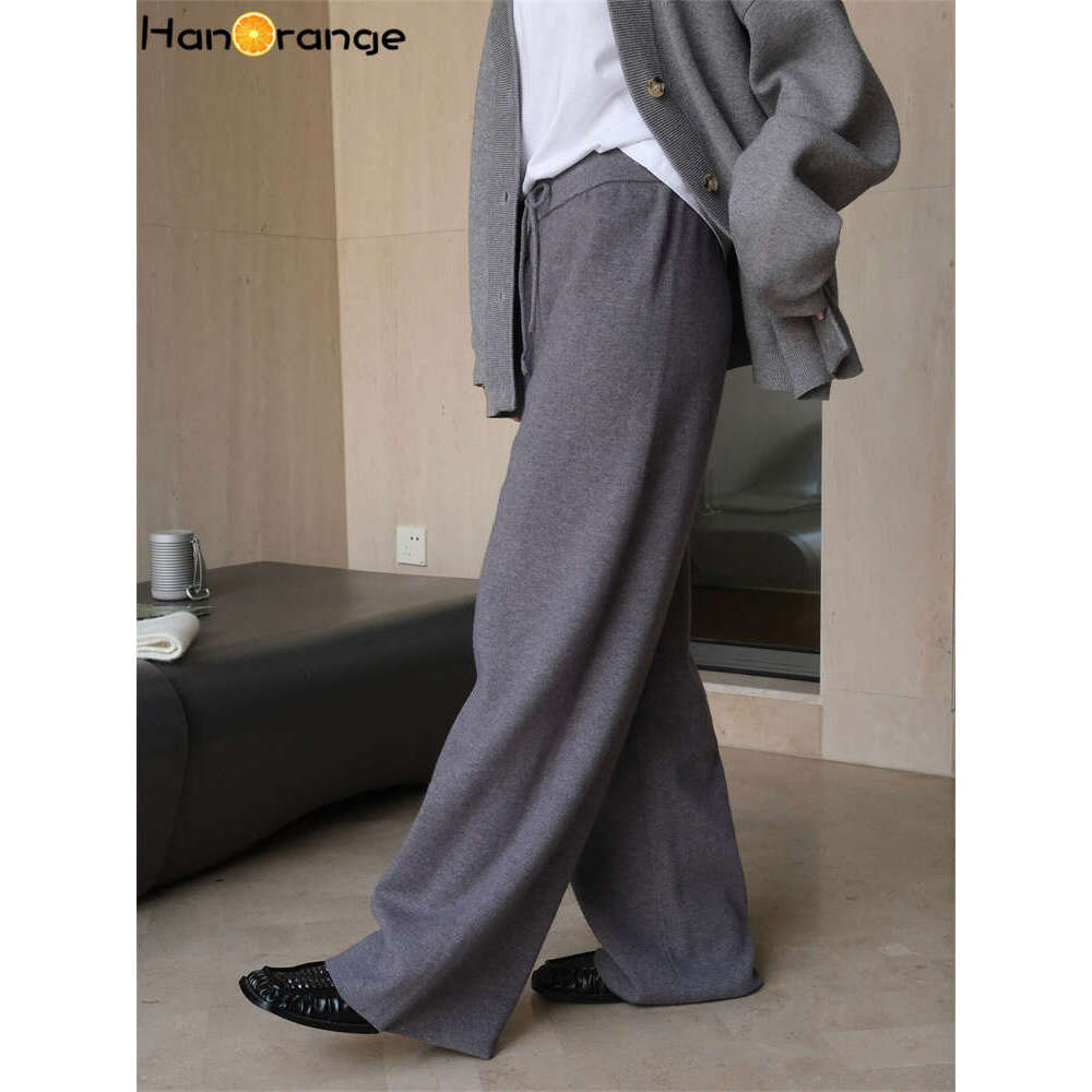 Hanorange 2024 Autumn Winter Lazy Straight Knitted Wide Legs Pants Soft Comfortable Or Dragging Trousers Grey/Apricot