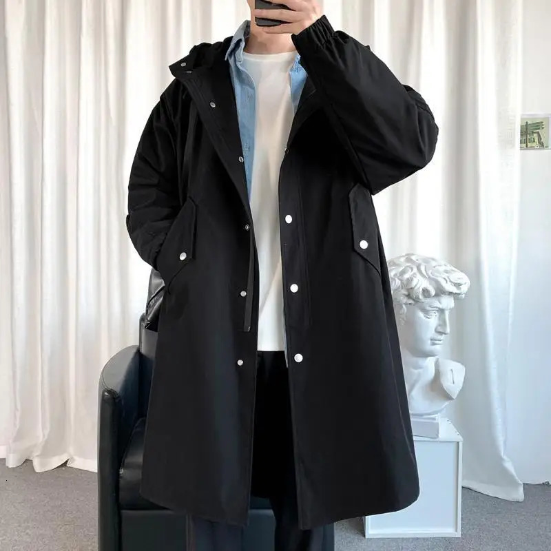 Mens Windbreaker Jacket Long Trench Oversize Loose Streetwear Hooded Vintage Black Coats High Street Casual Male Outerwear 241025