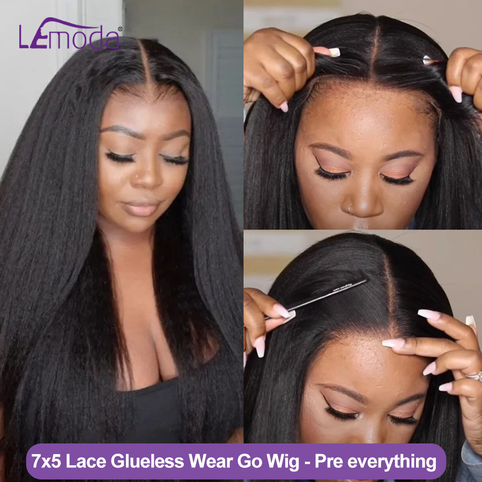7x5 Glueless Kinky Straight Human Hair Wear Go Pre-bleached Ready to go Front Wig Pre-cut Lace Preplucked Wigs 12A