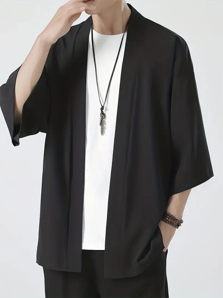 Mens Lightweight Kimono Shirt Seven Sleeve Open Front Cardigan Japanese Style Yukata Bathrobe Samurai Clothing 241025