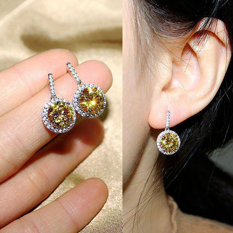 Luxury Round 925 Sterling Silver Zircon Earrings Women Pink Diamond Stud Earrings Red Crystal White Gold Earrings Wedding Jewelry